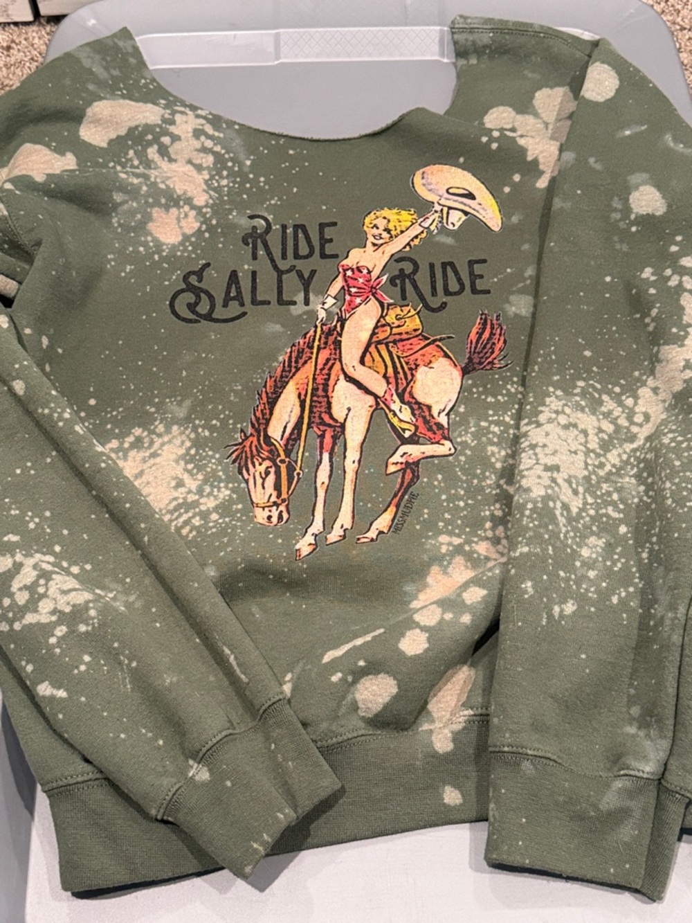 Olive Graphic Sweatshirt with Bleach Splatter and Rodeo Pinup